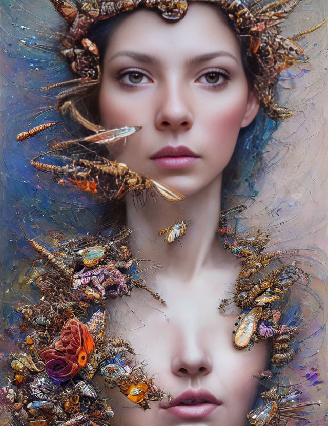 Surreal portrait of a woman with vibrant insect headdress