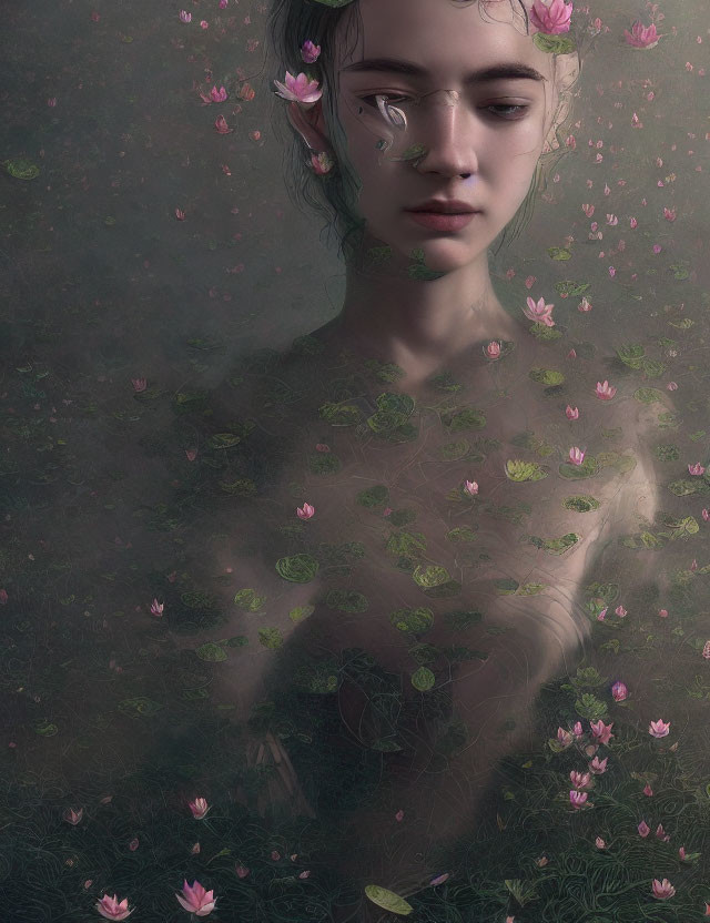 Surreal portrait of person submerged in water with flowers