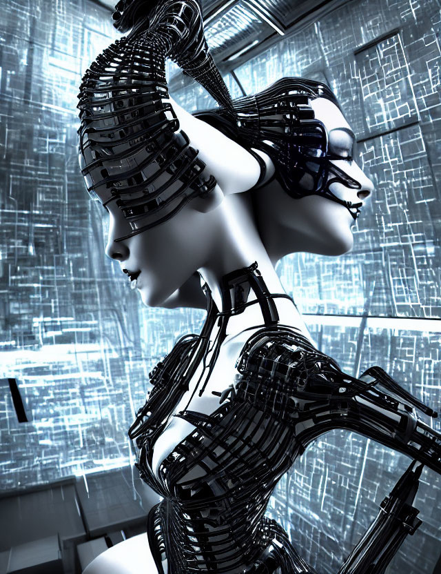 Futuristic Female Humanoid Robot in Black Armor on Digital Data Background