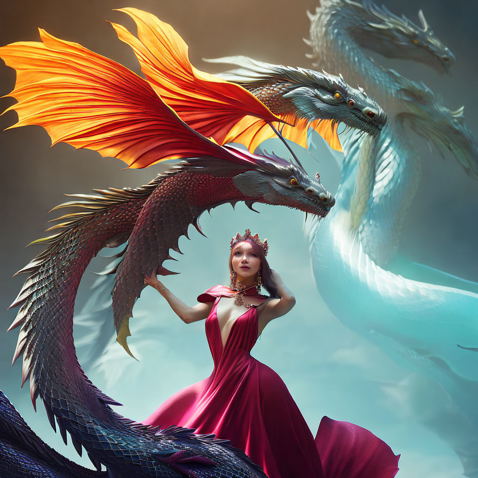 Woman in red dress with three-headed dragon under dramatic sky