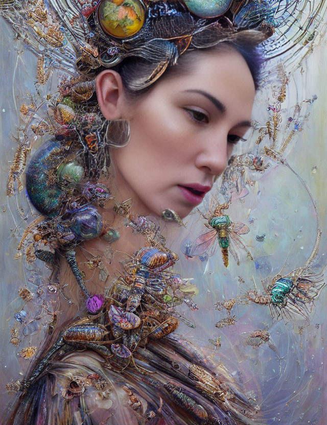 Woman adorned with marine-inspired jewelry in surreal setting