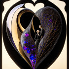 Surreal image of couple embracing in metallic heart on black background