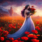 Woman in blue dress in red poppy field at sunset with flowing hair and bird.