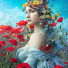 Woman with Blue Hair and Floral Crown on Soft Background