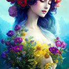 Fantastical portrait of woman with blue hair and floral crown in golden dress.