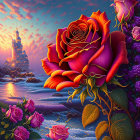 Colorful illustration of red rose with castle backdrop