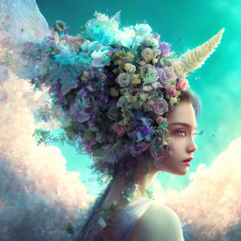 Surreal portrait of woman with floral headdress and unicorn horn in teal backdrop