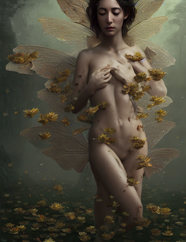 Fantasy image: Person with transparent wings and gold flowers in a petal-filled scene