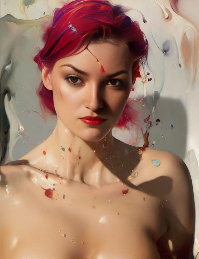 Red-haired woman with speckled paint effect: Artistic and ethereal portrait