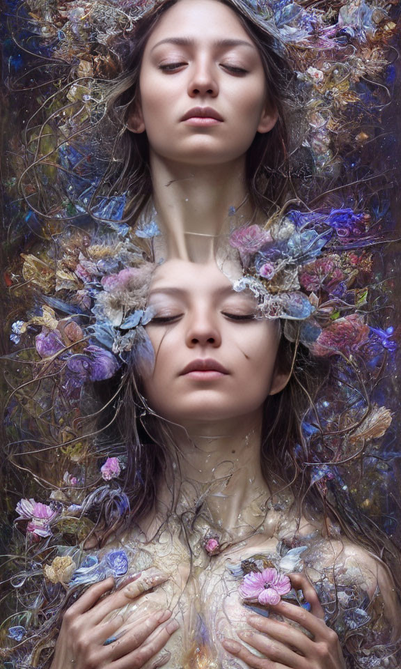 Dual portrait of woman with closed eyes adorned with luminous flowers and tendrils