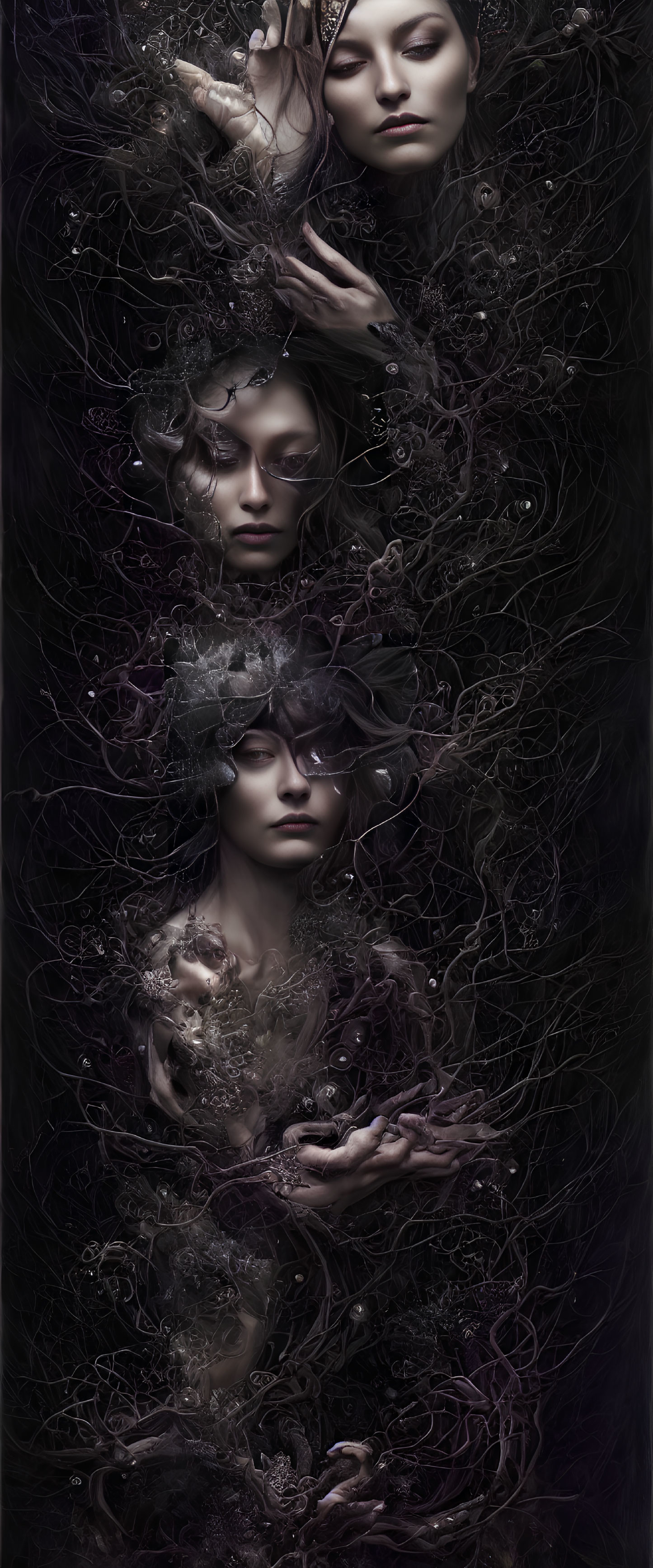 Ethereal women intertwined with dark floral patterns on black background