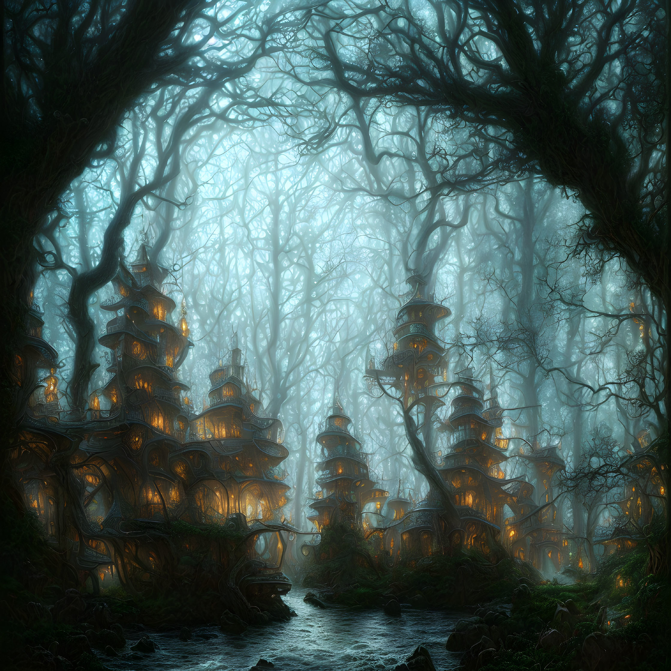 Enchanting forest with tiered treehouses, fog, and river