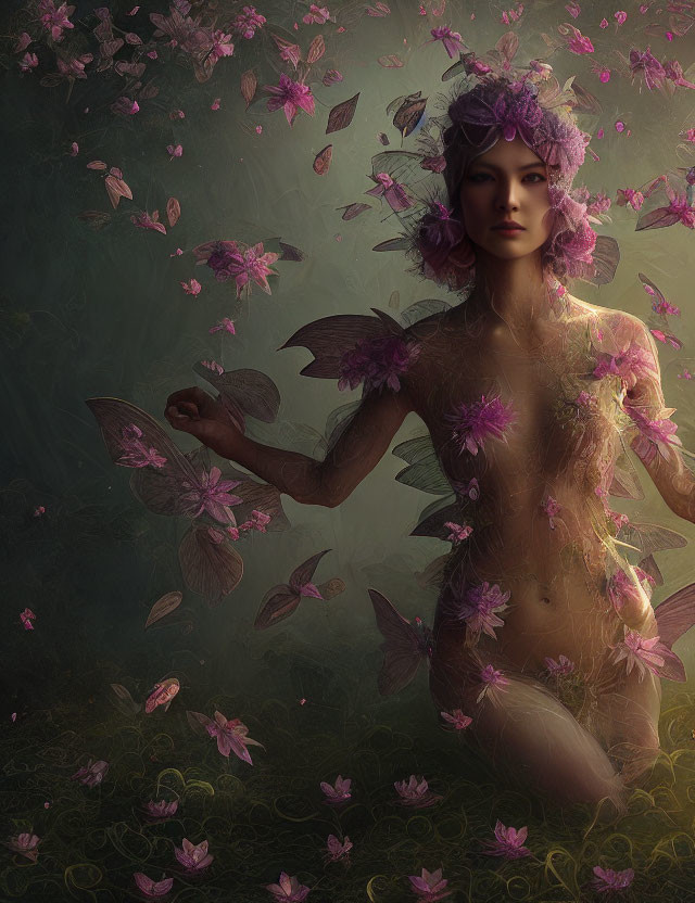 Mystical woman with purple flowers in shadowy floral backdrop