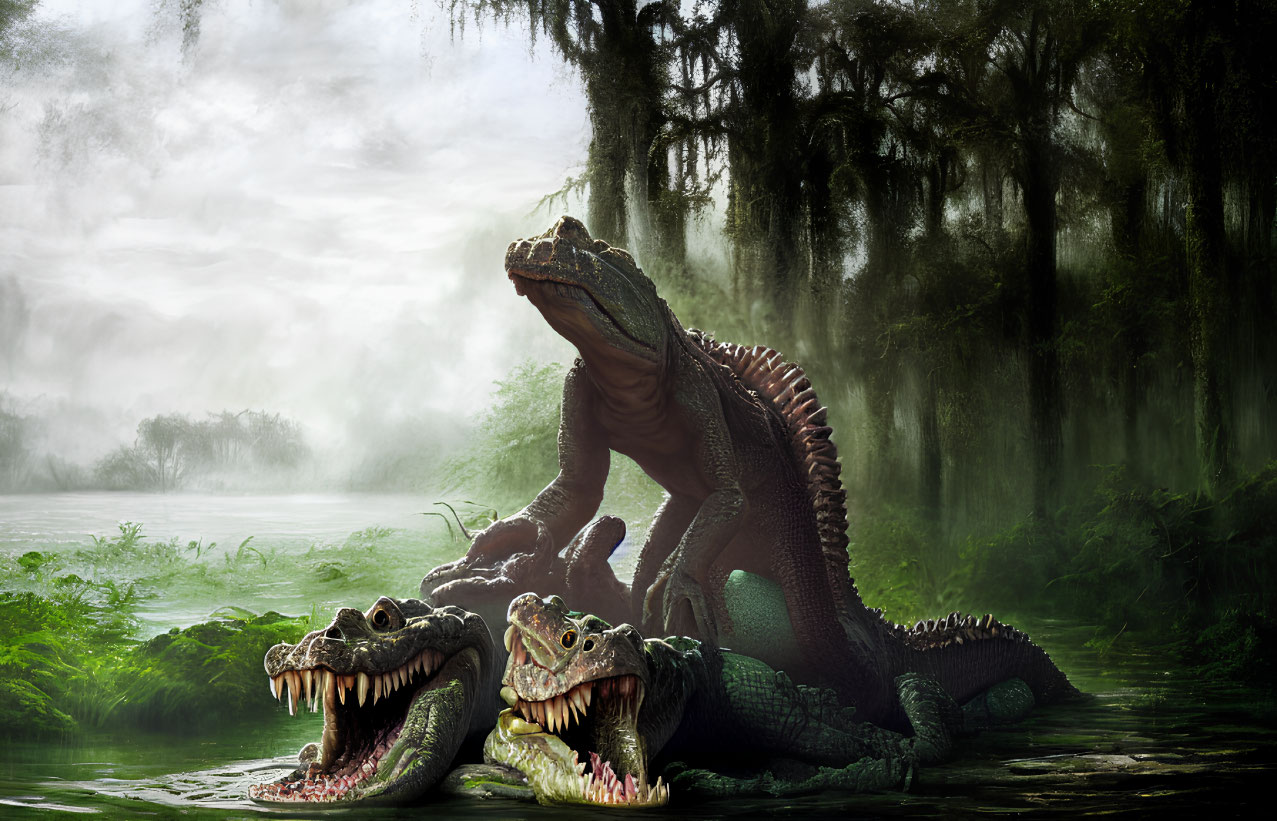 Group of Crocodiles by Misty River in Moss-Draped Forest