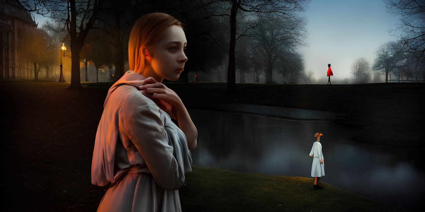 Surreal image of woman with oversized head by pond at dusk