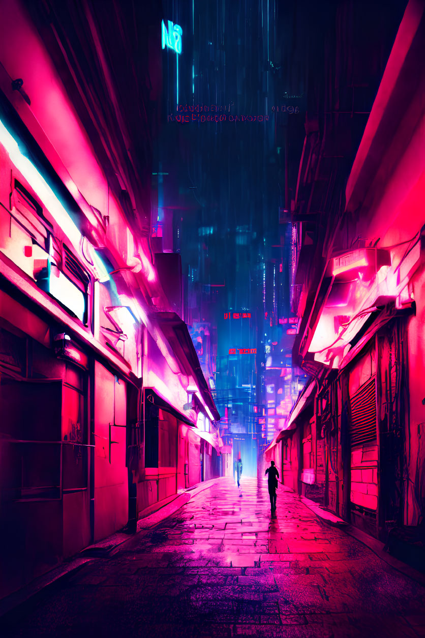 Futuristic neon-lit alleyway with vivid pink and blue colors