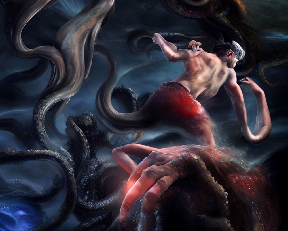 Man encounters giant octopus underwater in dark sea