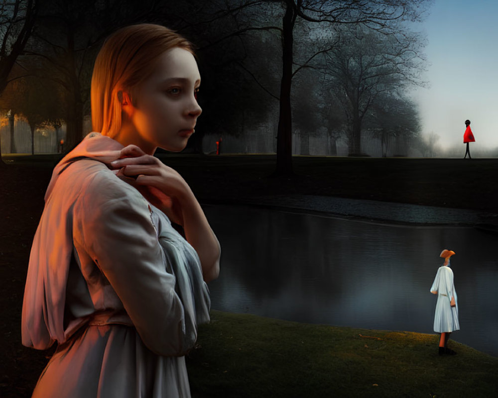 Surreal image of woman with oversized head by pond at dusk