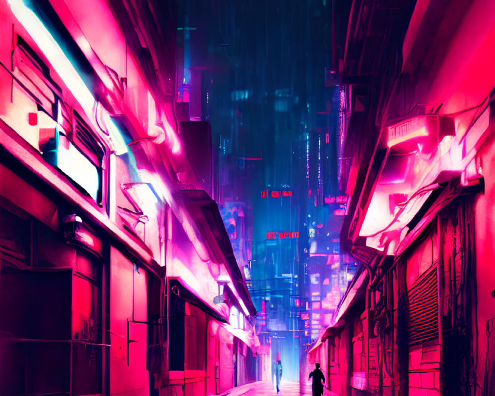 Futuristic neon-lit alleyway with vivid pink and blue colors