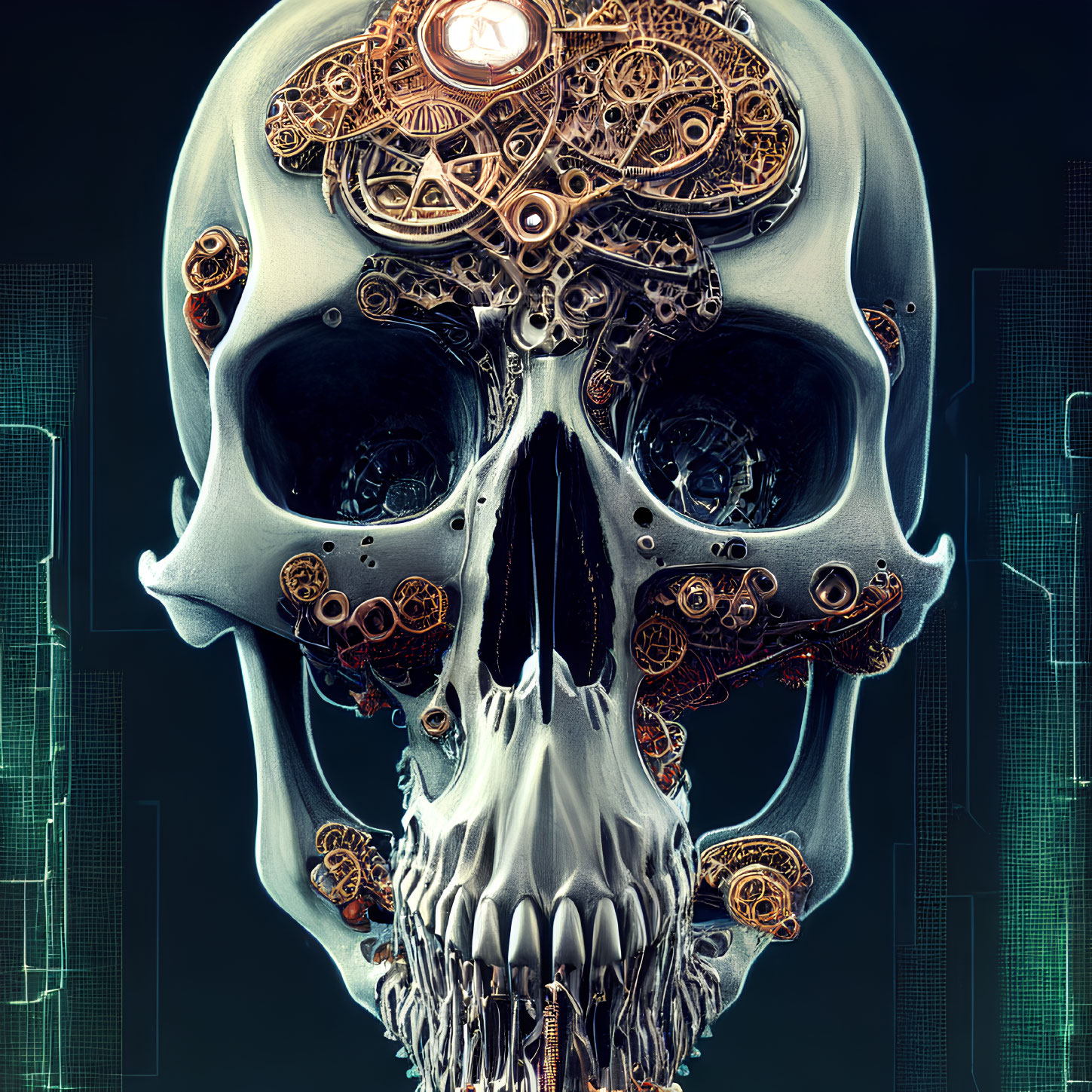 Digital artwork of skull with mechanical gears and cogs on dark background.
