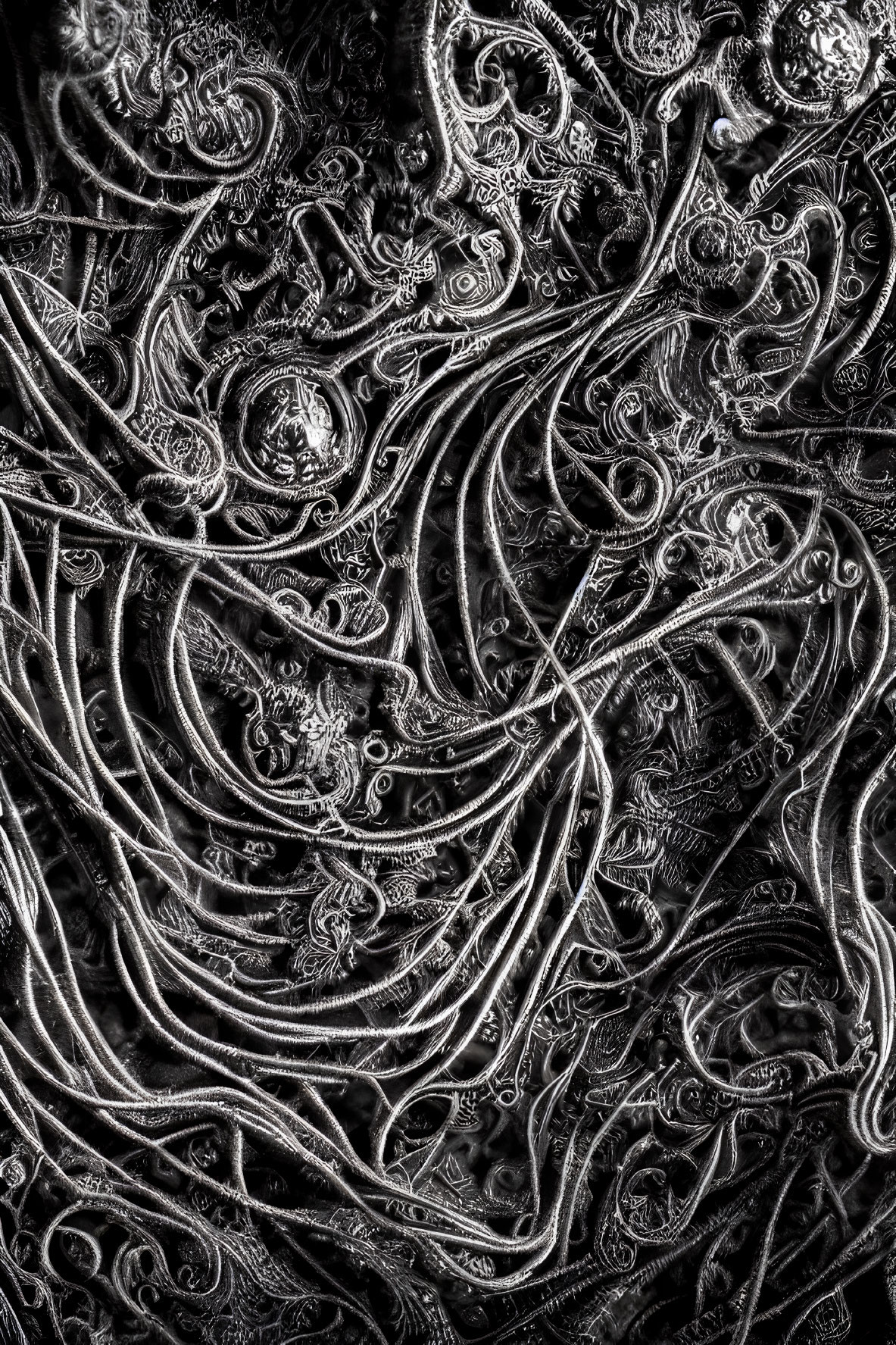 Monochrome image of intricate silver engravings with elaborate swirls