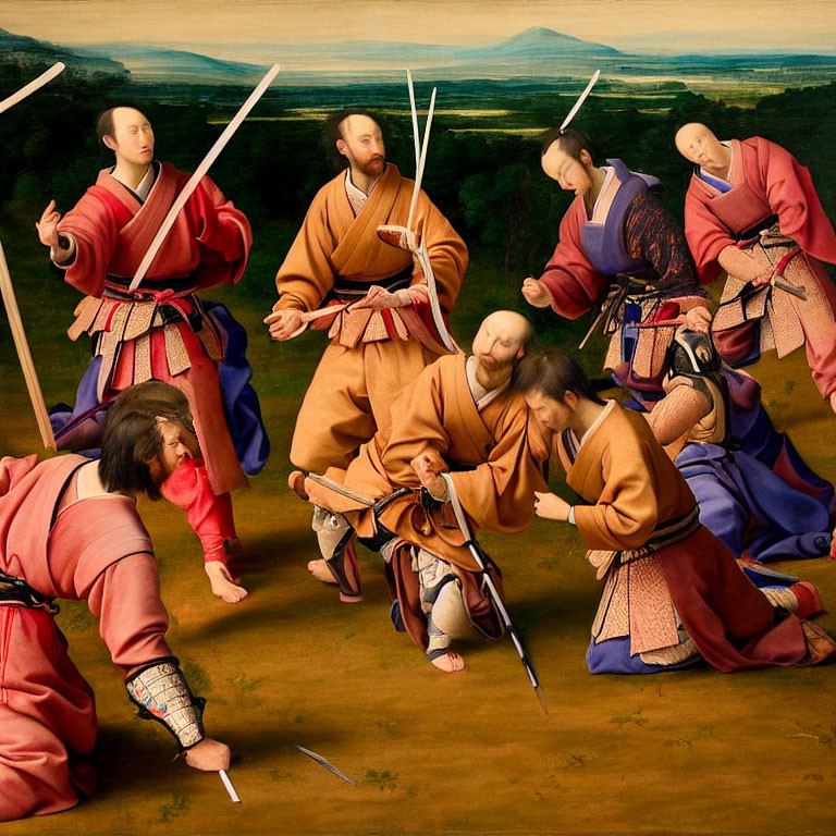 Samurai warriors in combat with swords and spears on landscape background