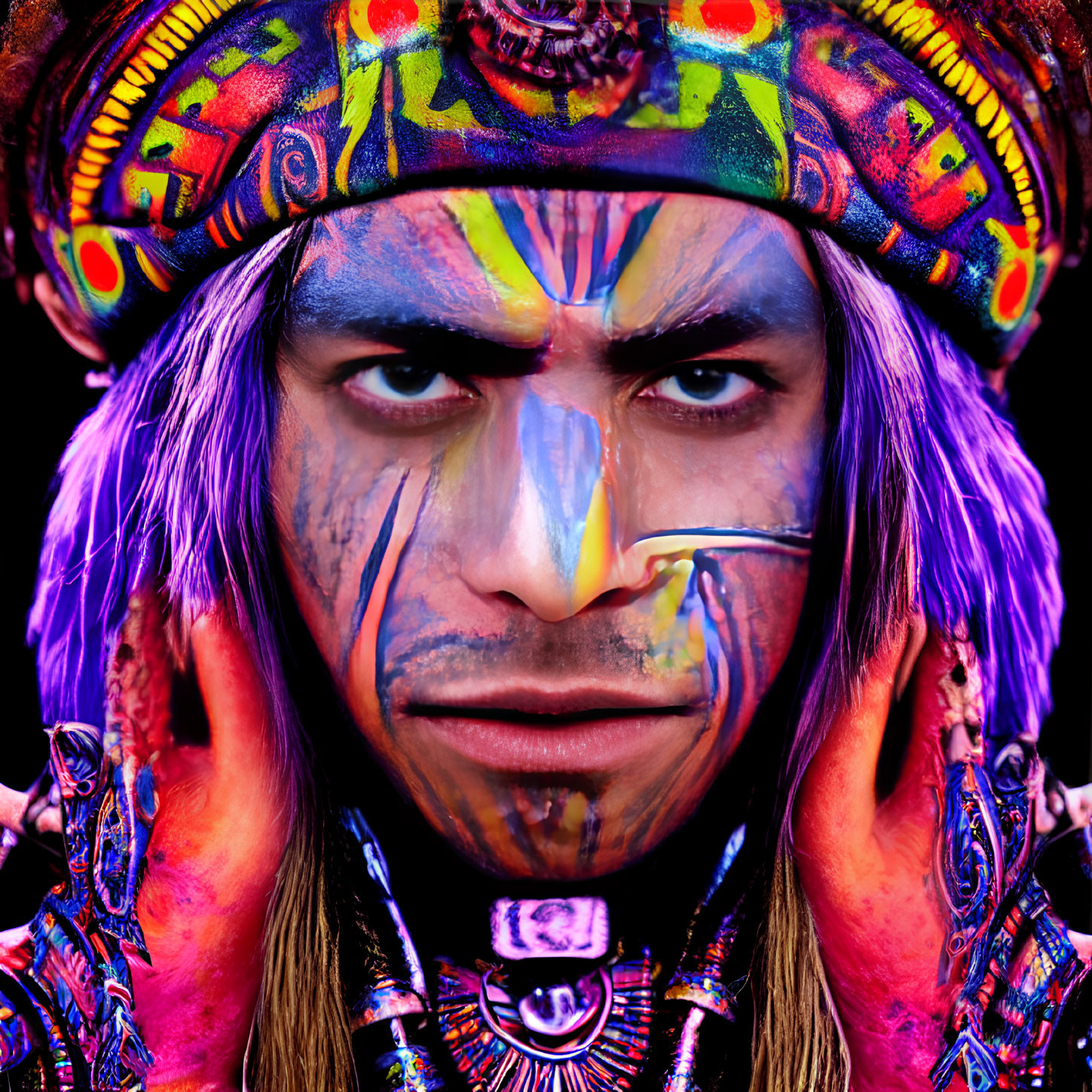 Intense stare of person with vibrant tribal face paint and headgear