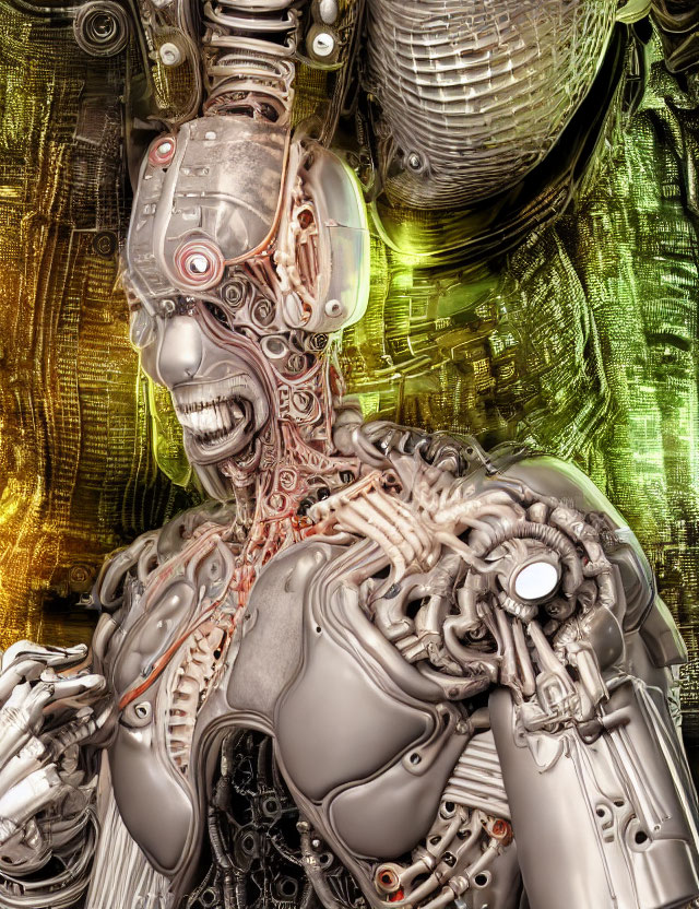 Detailed humanoid robot illustration with exposed mechanical parts and digital matrix background