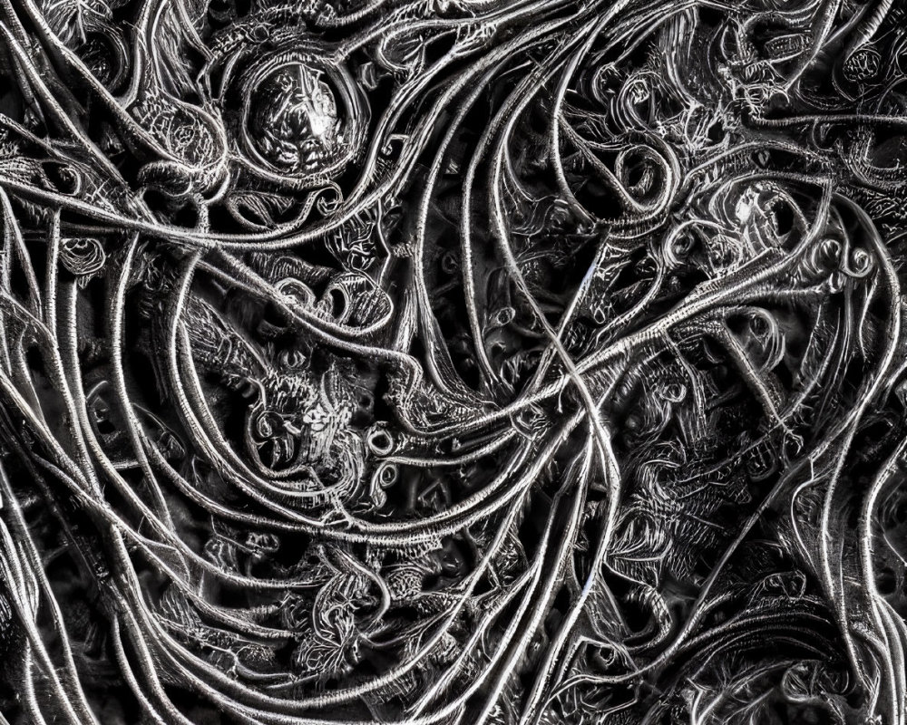 Monochrome image of intricate silver engravings with elaborate swirls