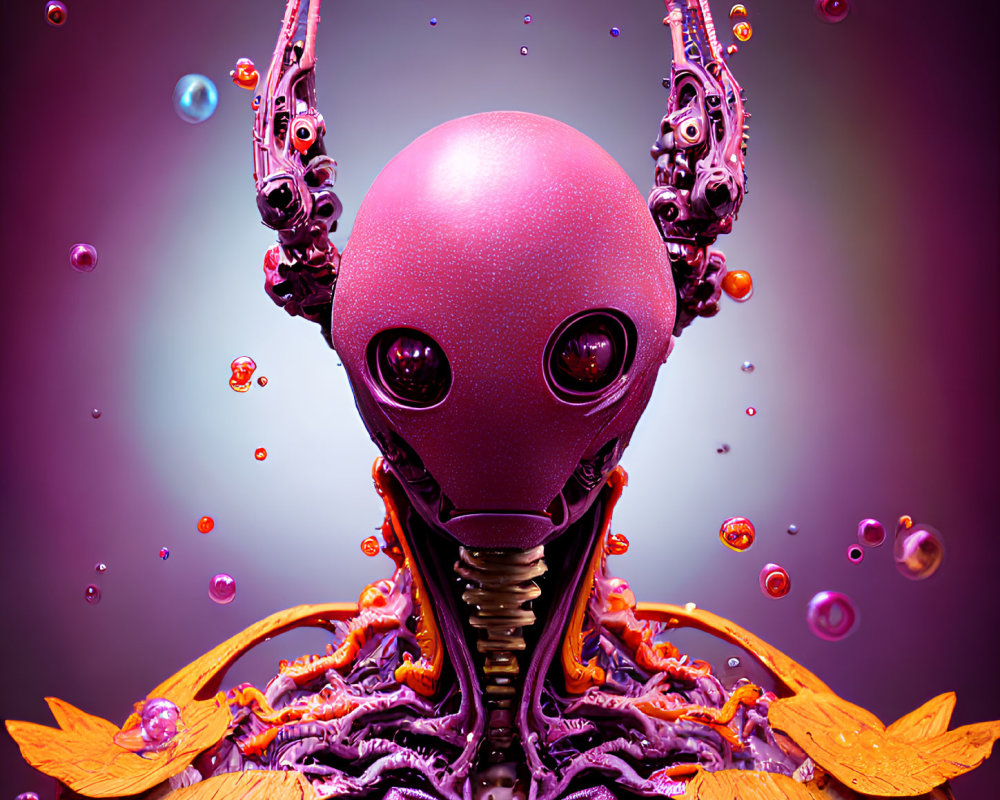 Colorful digital artwork of alien-like creature with purple head and tentacles