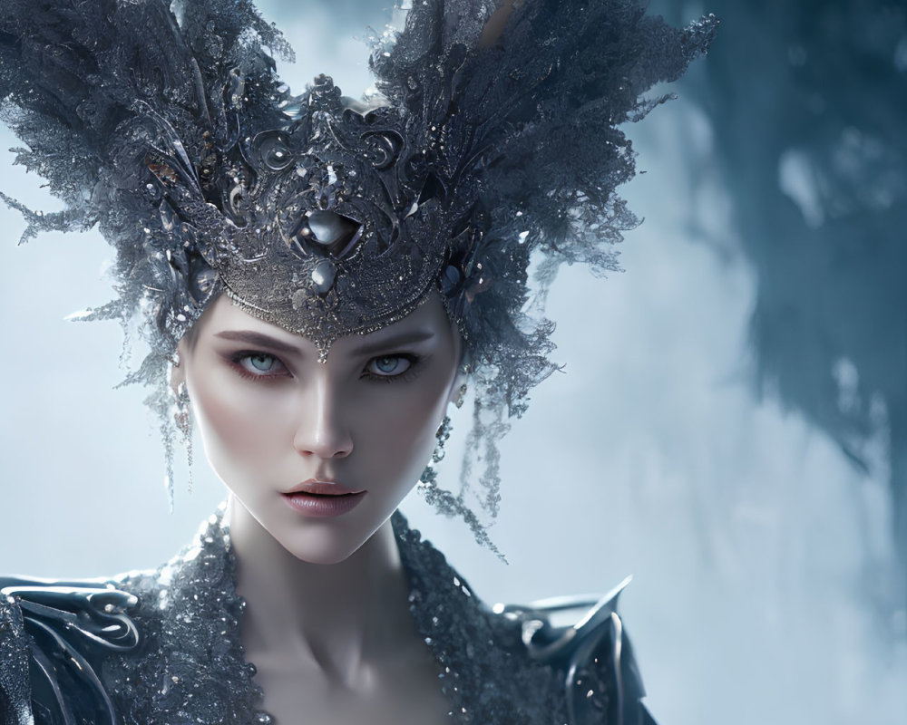 Mystical woman in silver headdress and ornate armor against icy backdrop