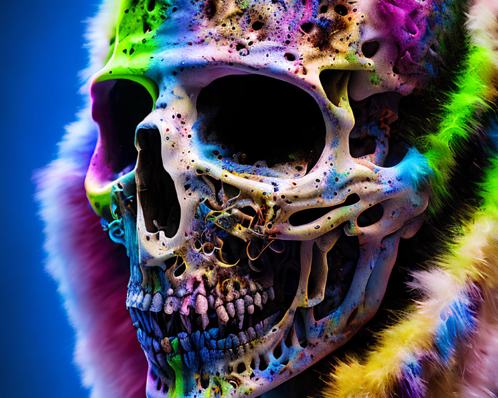 Colorfully Lit Skull with Intricate Textures on Vibrant Background