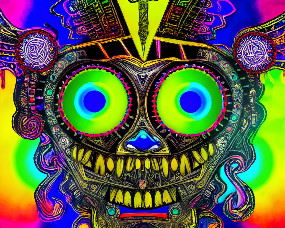 Vivid Psychedelic Skull Artwork with Aztec Patterns on Colorful Background