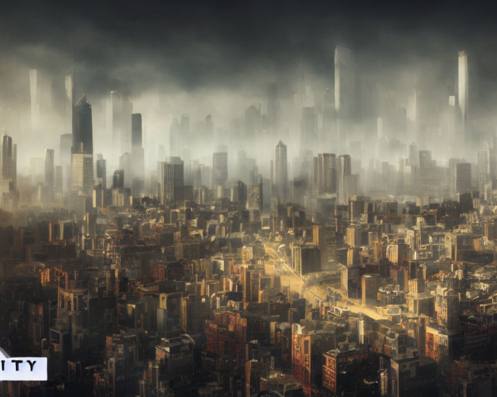 Dystopian cityscape with dense skyscrapers and mist under a dark sky