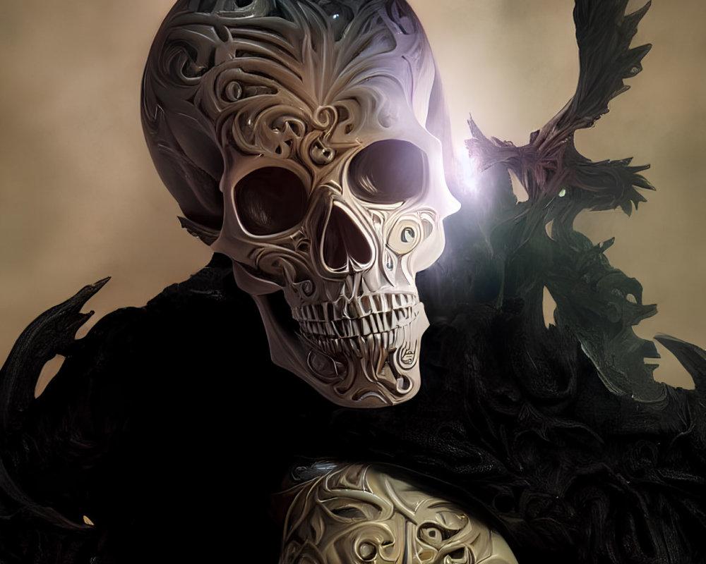 Intricate Metallic Skull Half-Submerged in Darkness