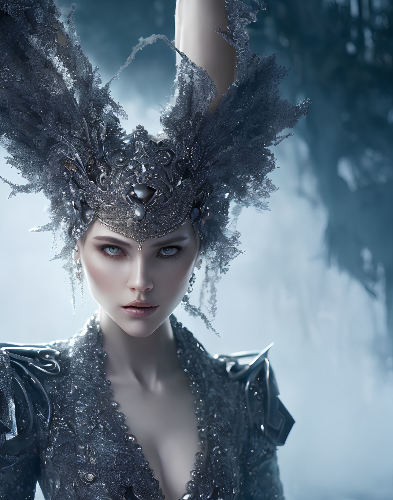 Mystical woman in silver headdress and ornate armor against icy backdrop