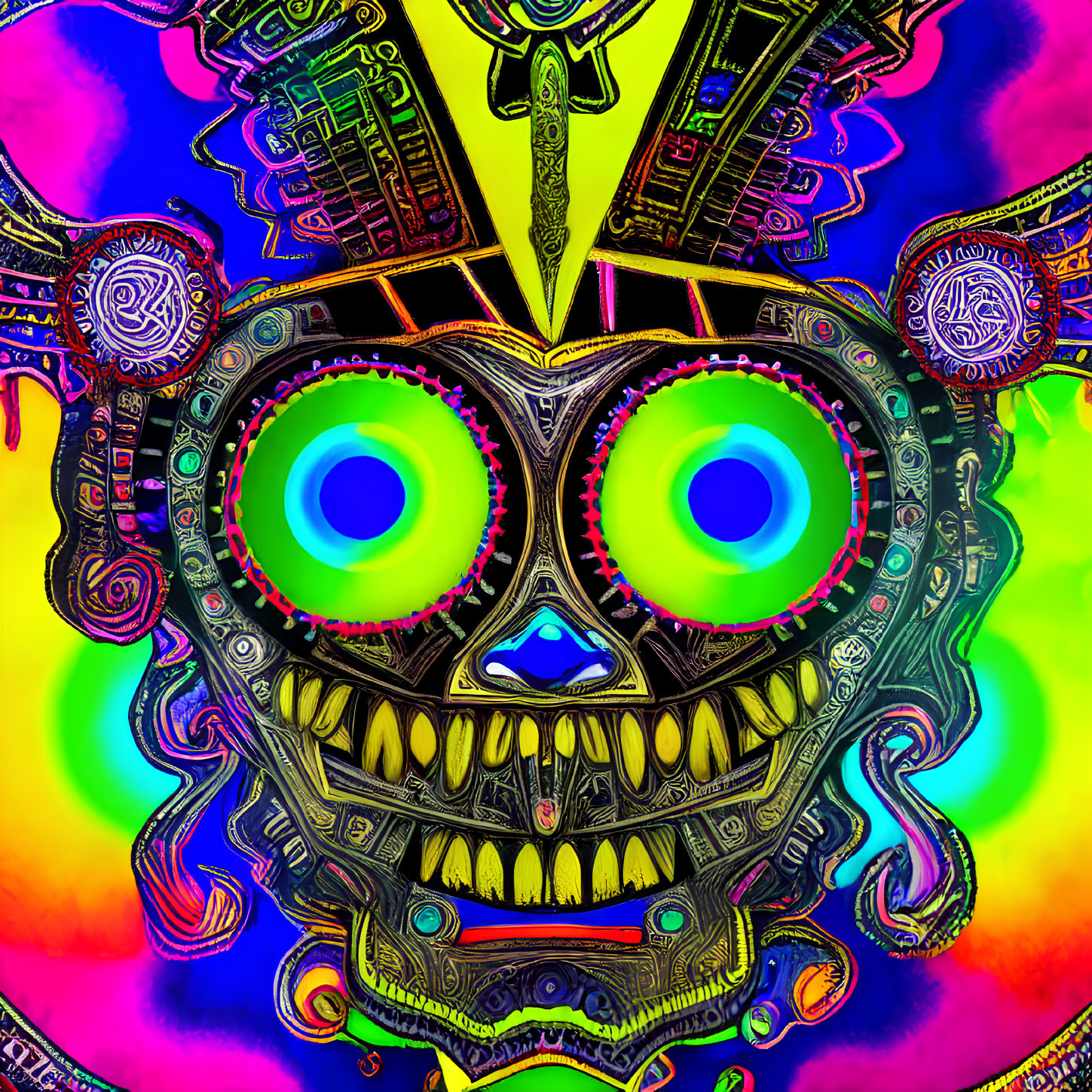 Vivid Psychedelic Skull Artwork with Aztec Patterns on Colorful Background
