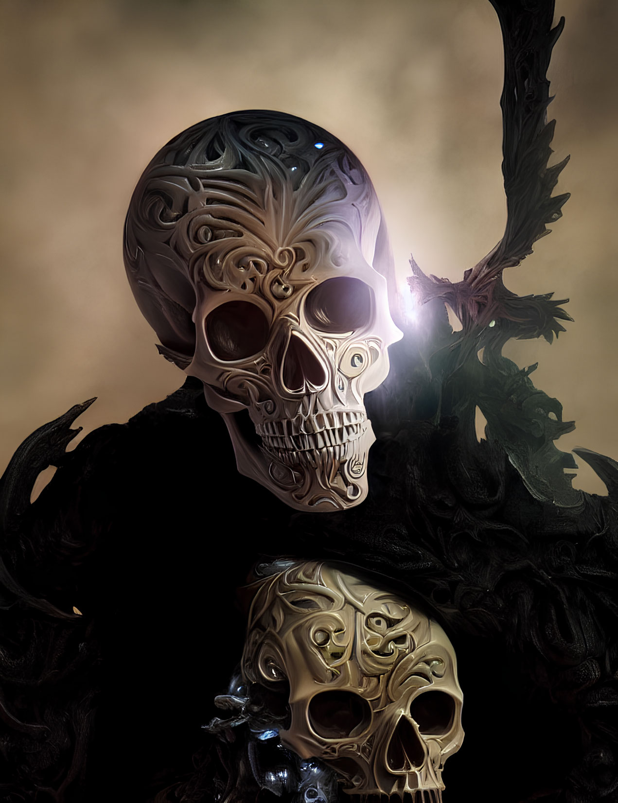 Intricate Metallic Skull Half-Submerged in Darkness