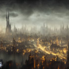 Dystopian cityscape with dense skyscrapers and mist under a dark sky