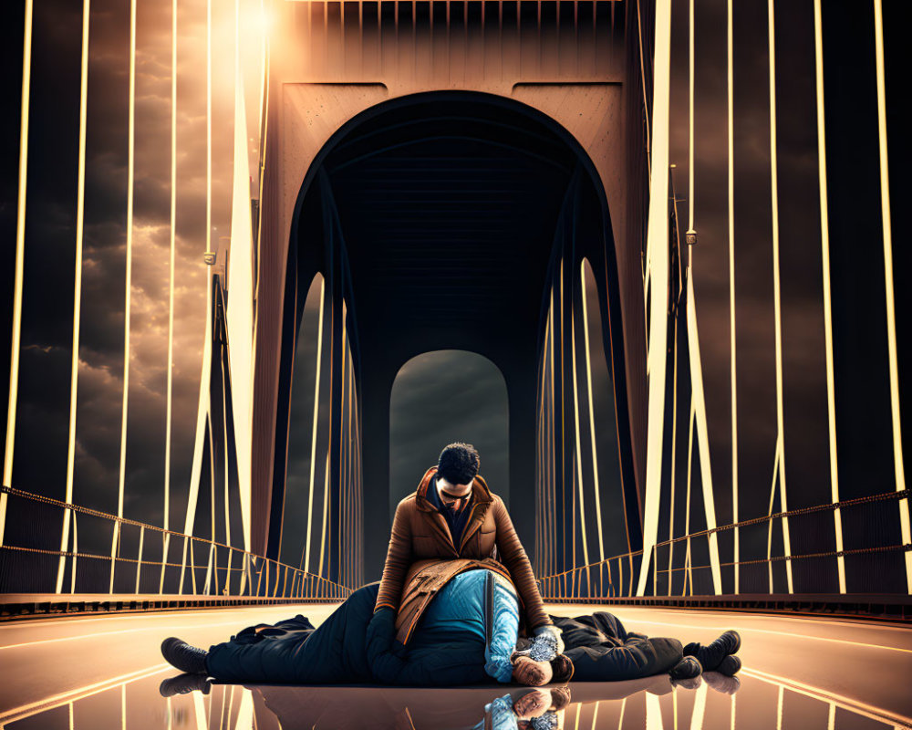 Two people in emotional embrace on a glossy bridge with dramatic lighting