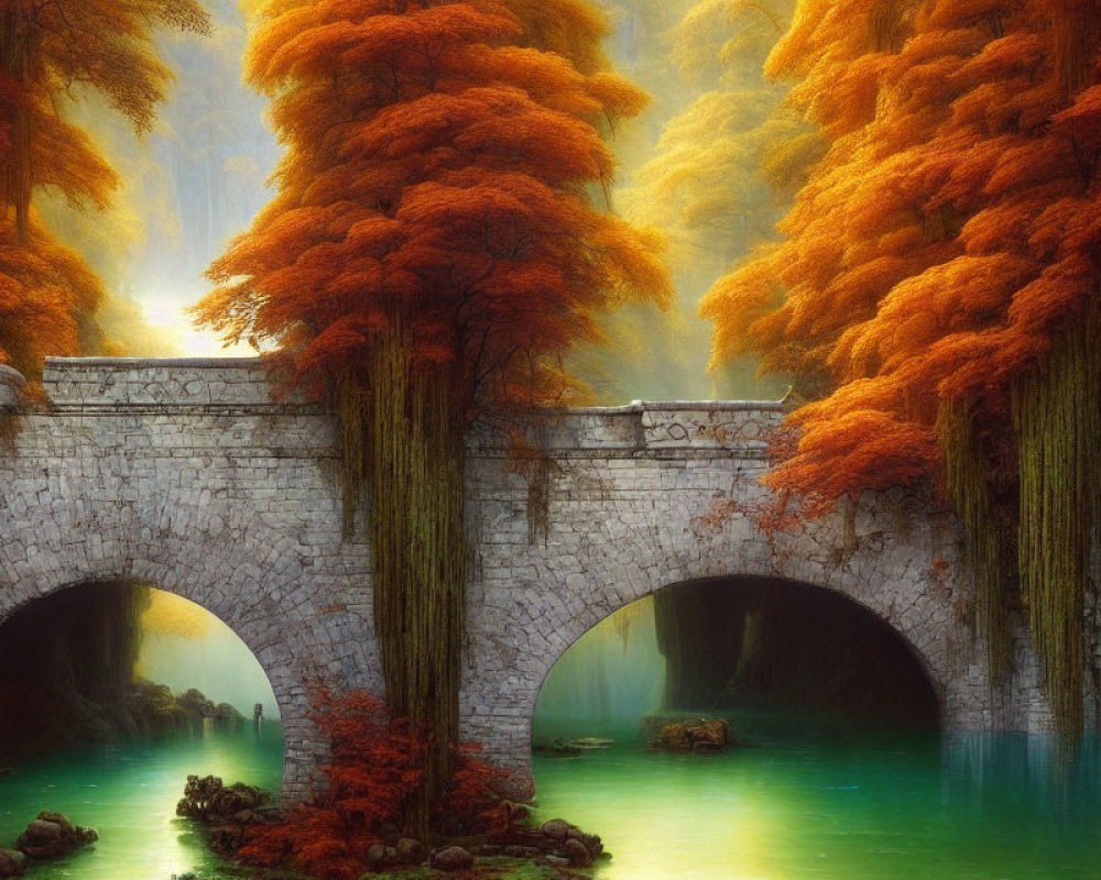 Stone bridge with two arches over green river in misty autumn forest