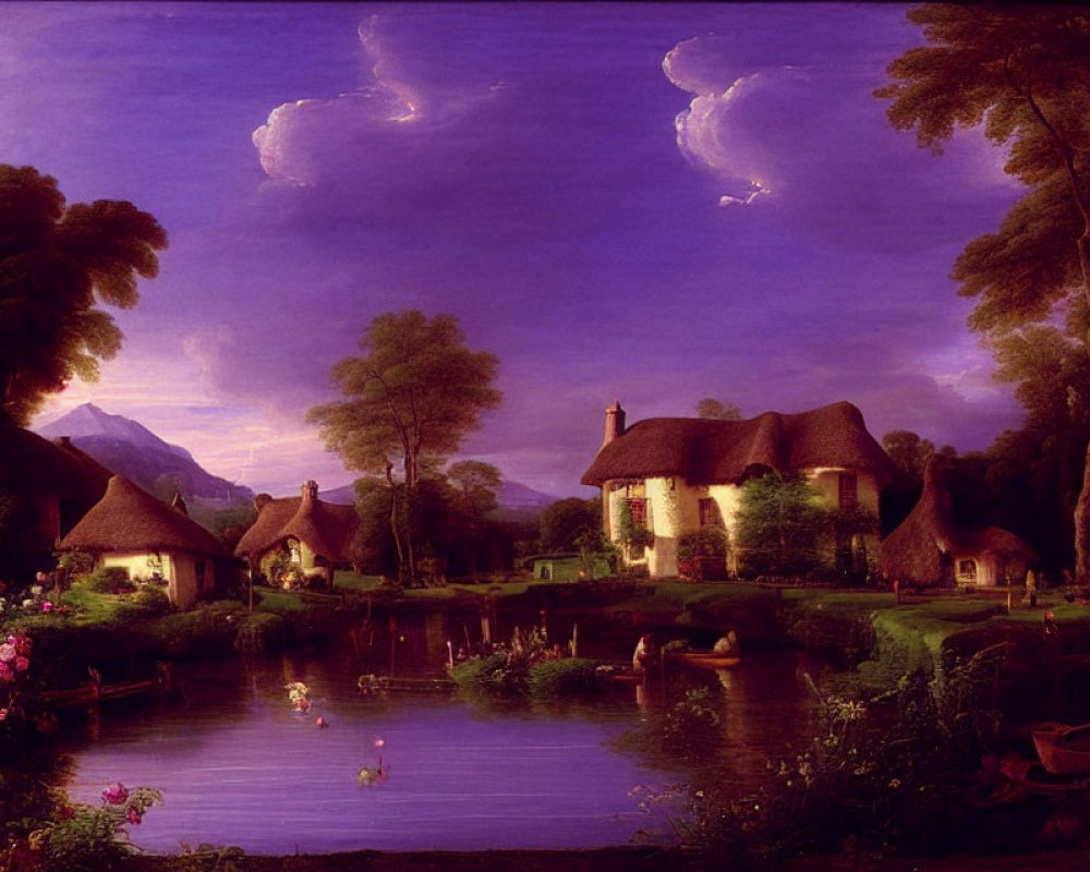Tranquil countryside scene: Thatched-roof cottages, lake, trees, mountains at dusk