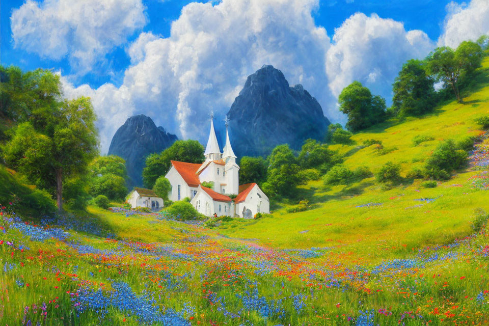 Colorful painting of church in meadow with mountains under cloudy sky