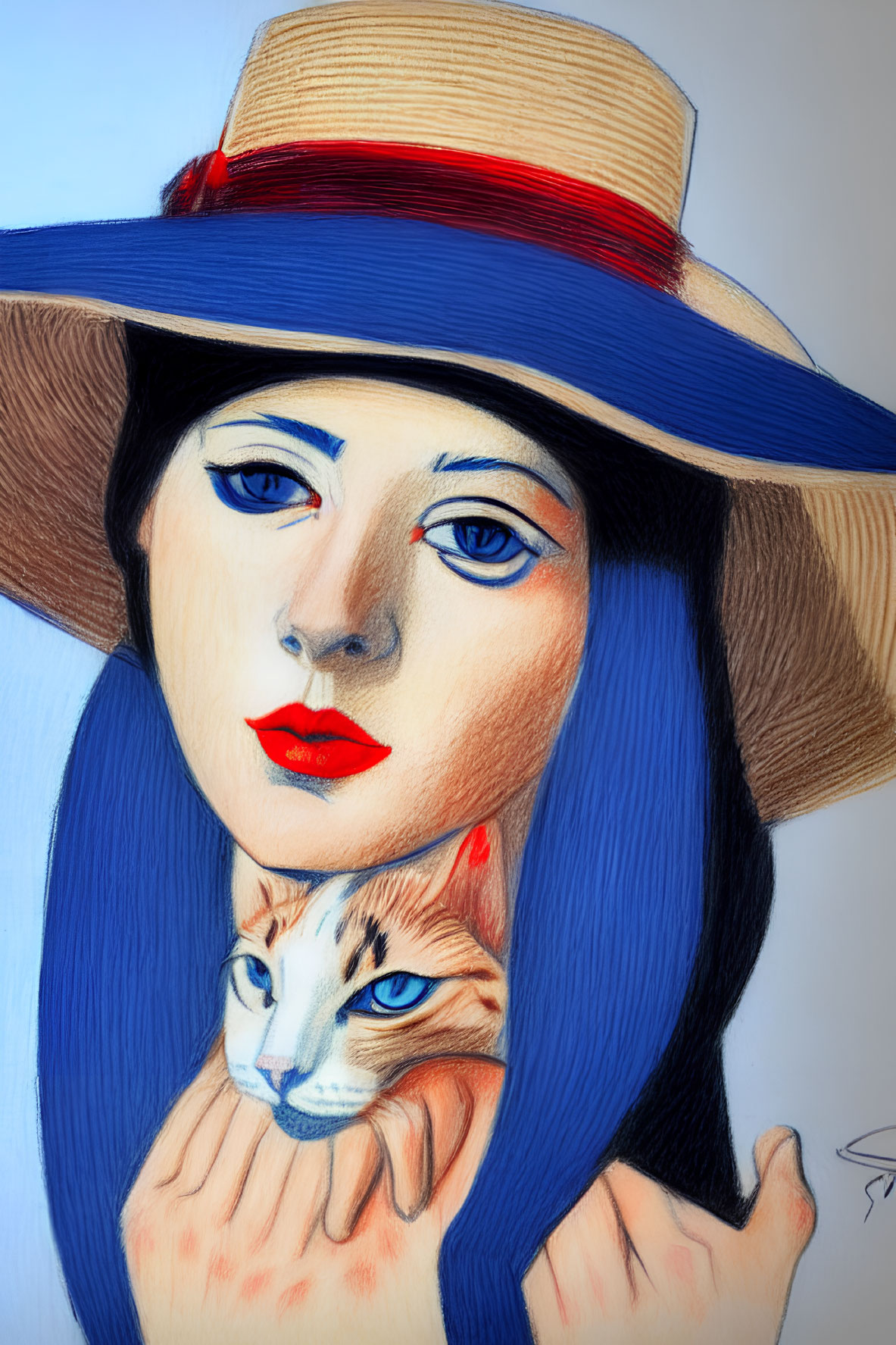 Stylized portrait of a woman with red lips and blue eyeshadow, wearing a large hat