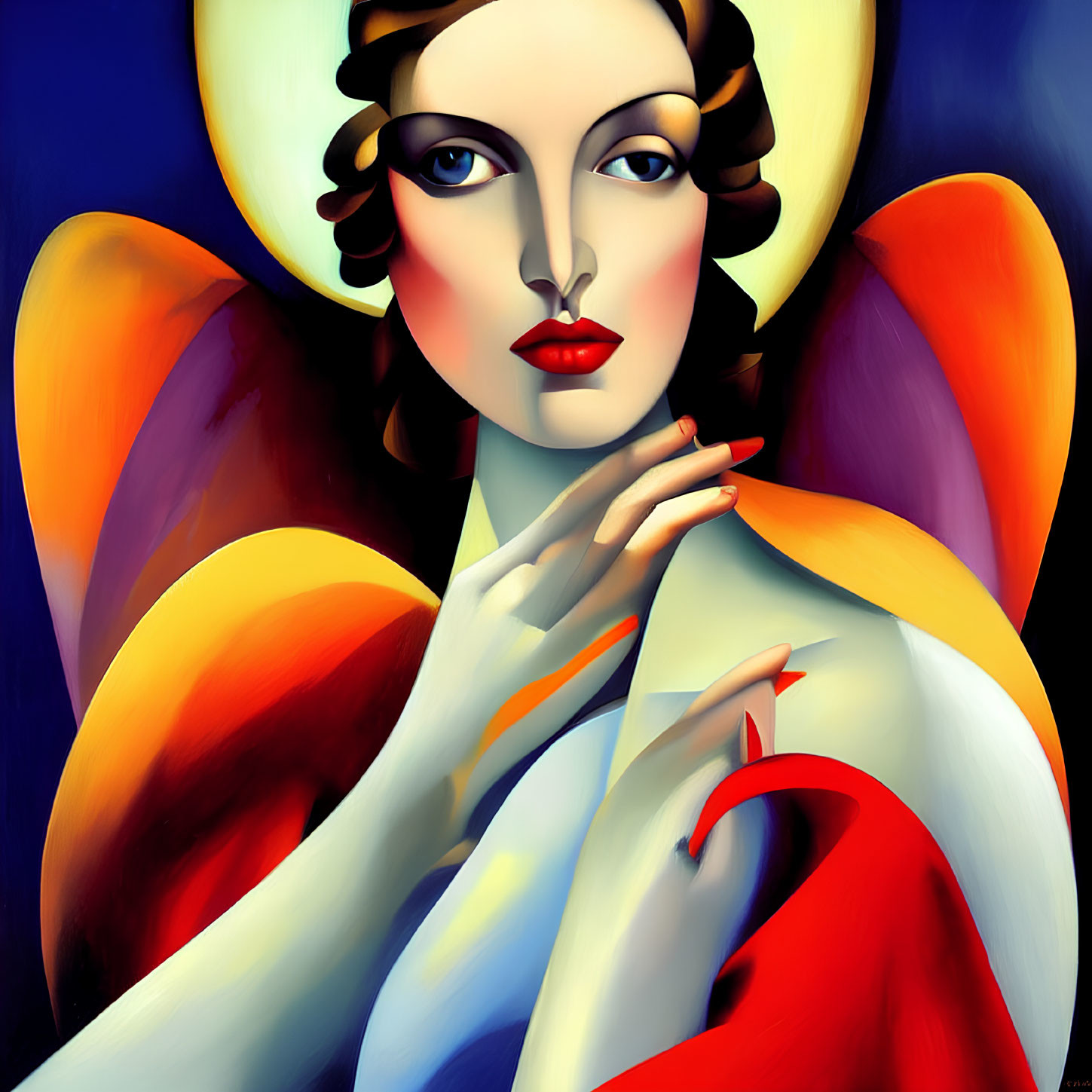 Colorful portrait with red lips, yellow halo, wings, and red cloak on blue background
