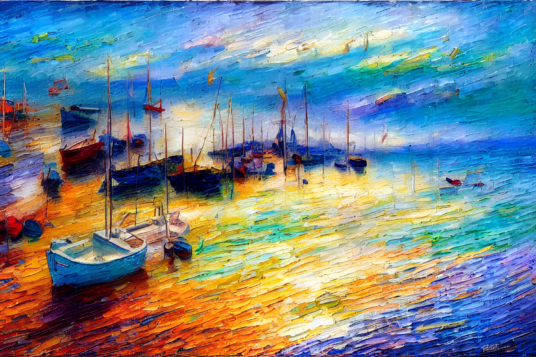 Vibrant impressionistic painting of boats in shimmering harbor at sunset