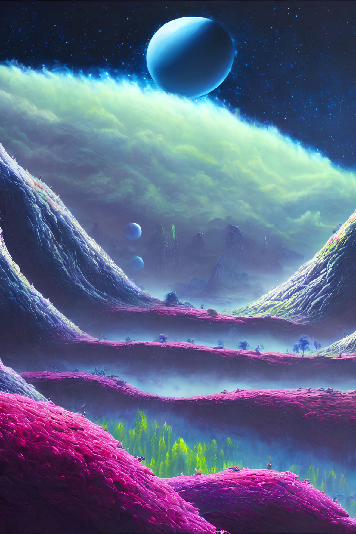 Pink Terrain and Celestial Bodies in Sci-Fi Landscape