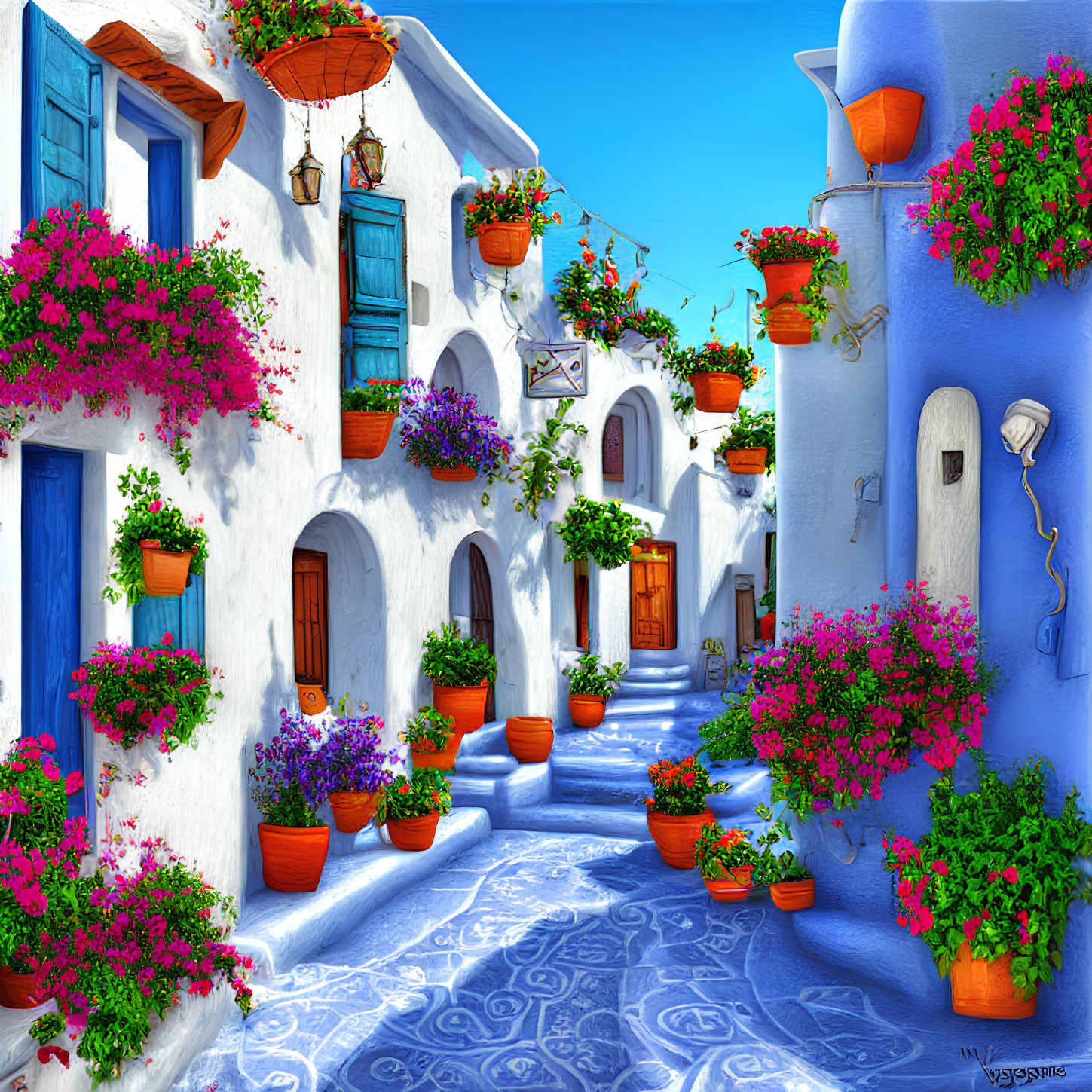 Colorful Alley with Blue Walls, Pink Flowers, and Clear Sky