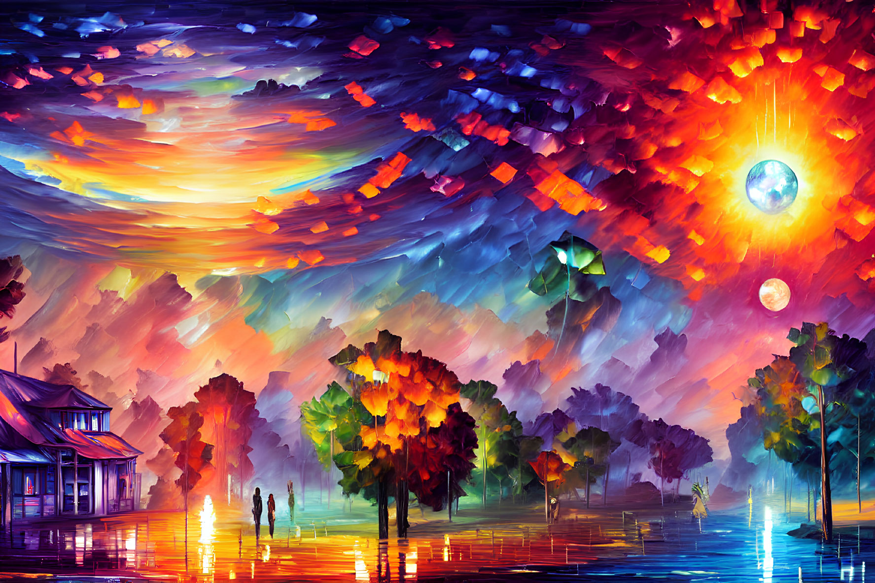 Colorful surreal landscape with figures walking under tree, house near water