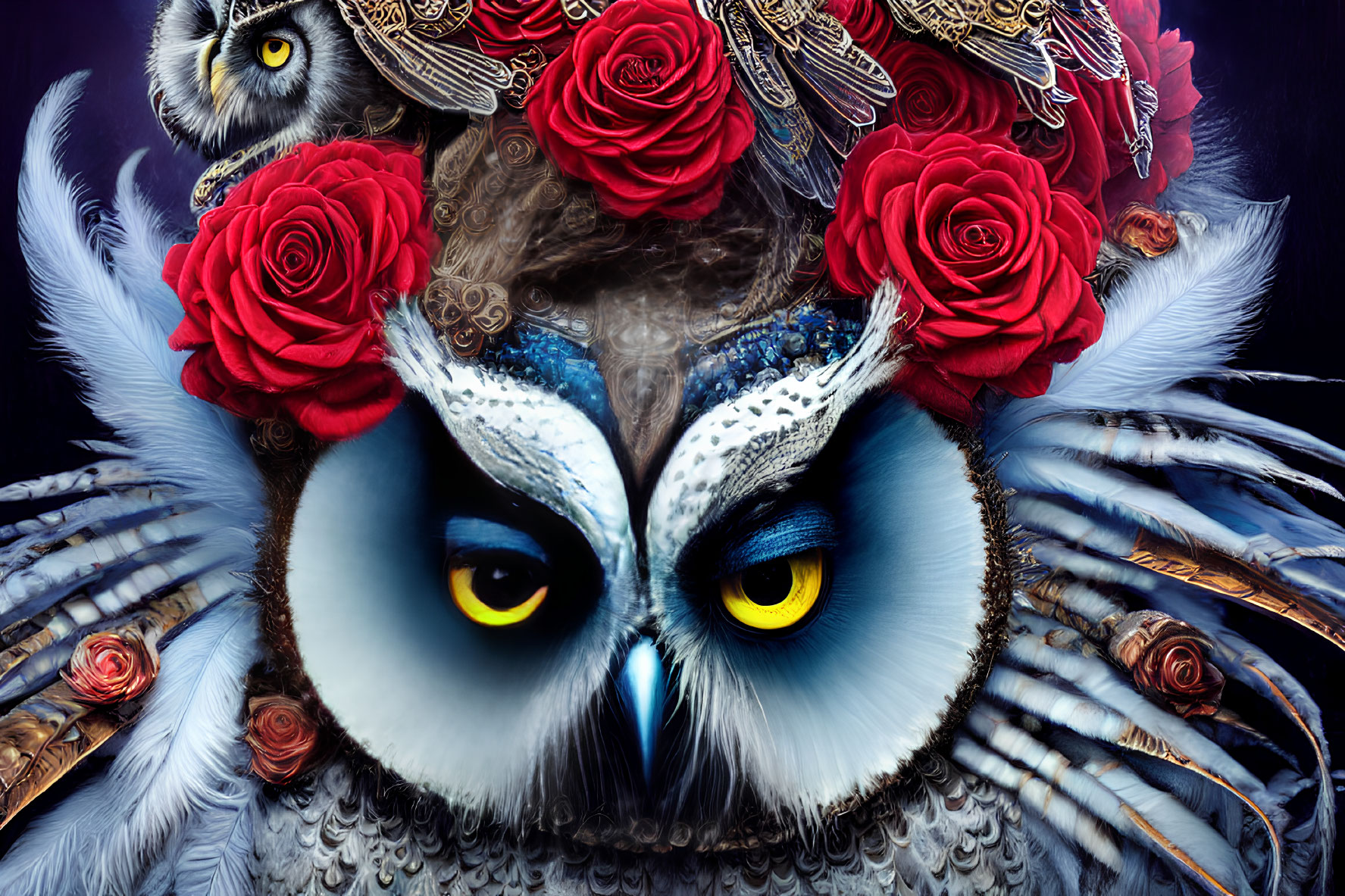 Colorful owl with blue feathers, yellow eyes, roses, and jewelry on dark backdrop